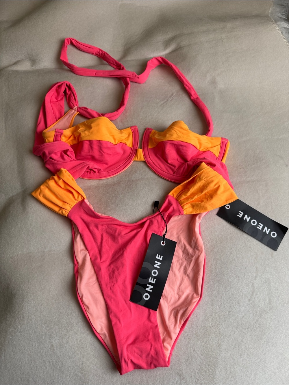 ONEONE Colorblock Pink & Orange Bikini Set top M bottom S